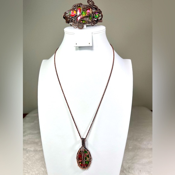 Oyster Turquoise & Mosaic Jasper Copper Gemstone Bangle ONLY - Picture 3 of 7